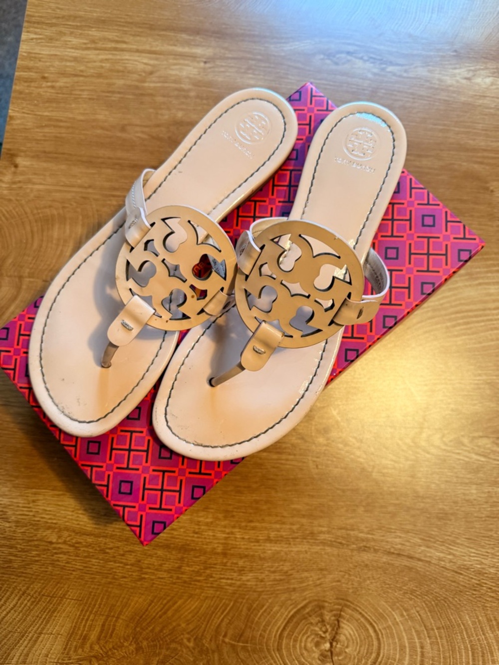 Tory Burch Beige Leather Logo Thong Sandals